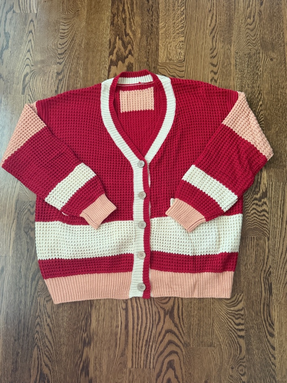 Women’s Colorblock Button-Up Cardigan Sweater - Red, Pink & Cream